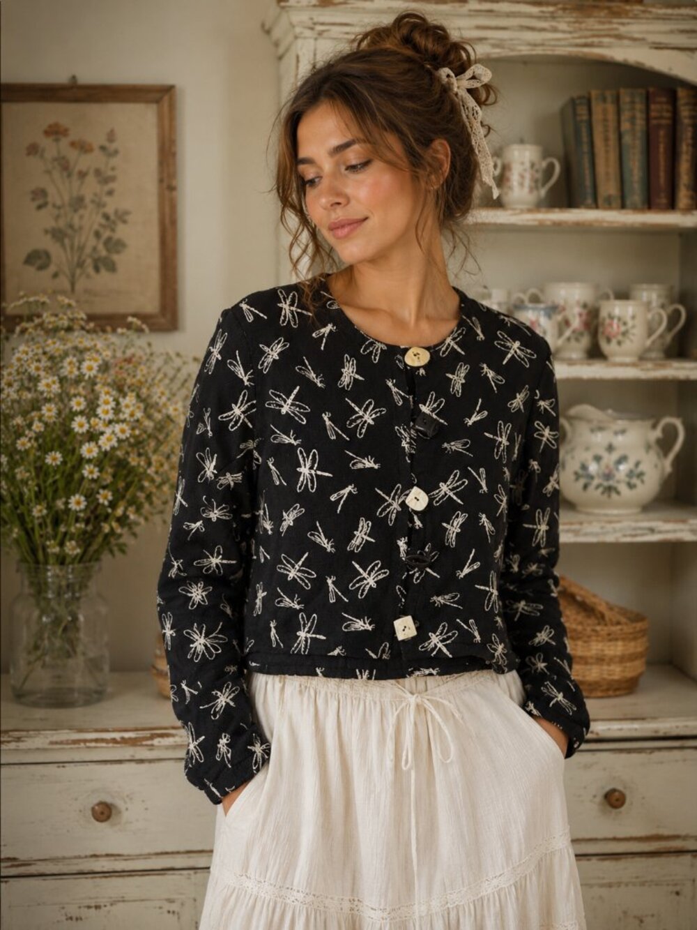 Dragonfly Print Cropped Jacket | Lightweight Boho Cottagecore Button Front Layer
